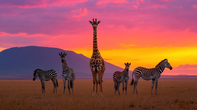 Majestic wildlife scene featuring a giraffe and zebras against a vibrant sunset backdrop.