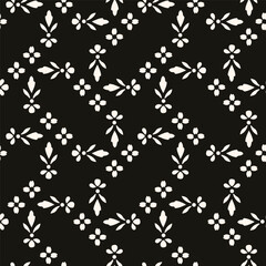 Simple minimalist floral pattern. Minimal seamless texture with small flower shapes. Abstract black and white geometric background. For print, package