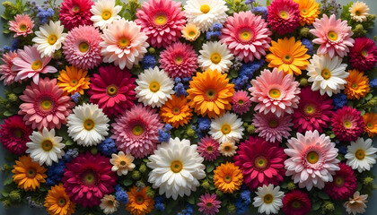A dynamic floral wall filled with blooming chrysanthemums, daisies, and other wildflowers, bursting with radiant colors and natural beauty.