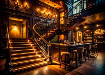 Obraz premium Silhouette of Bar with Staircase - Dark, Moody, Elegant Design Stock Photo