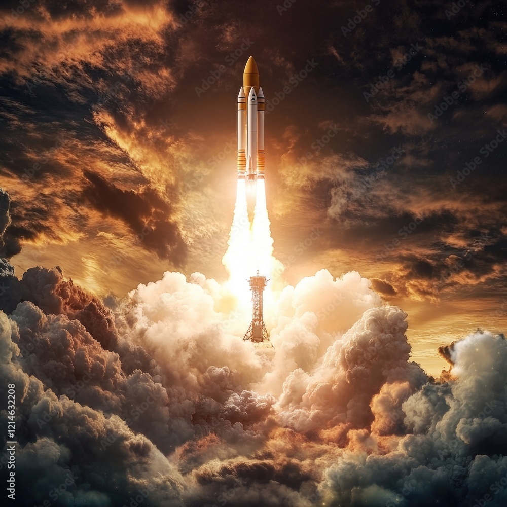 Poster a space shuttle lifting off from the launchpad into the sky