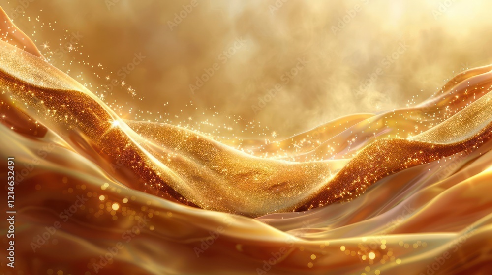 Poster shimmering golden waves with sparkling particles creating a dreamy, ethereal atmosphere