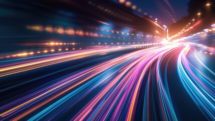 Fototapeta premium Dynamic light trails in a futuristic night scene perfect for urban tech backdrops