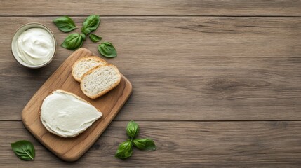 Creamy spread on bread with basil leaves on wooden board.