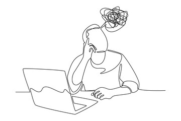 Simple Continuous line drawing of critical thinking of employees in front of the laptop. Scribble illustration concept. critical thinking concept.