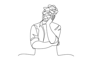 Simple Continuous line drawing of man thinks hard. Scribble illustration concept. critical thinking concept.