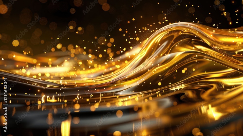 Poster Flowing golden liquid with shimmering particles creating a vibrant, dynamic background