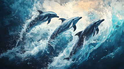 Fototapeta premium A dynamic trio of dolphins leaping through vibrant ocean waves with a stunning backdrop.