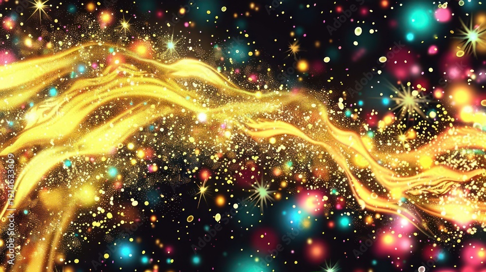 Poster vibrant abstract background with shimmering golden waves and colorful bokeh effects