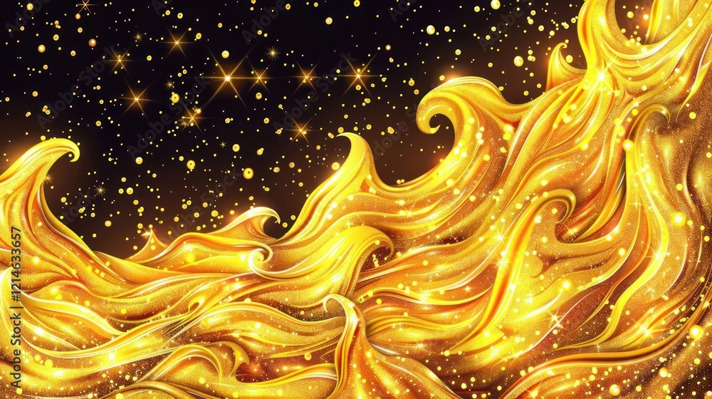 Poster Golden waves of shimmering light create a mesmerizing abstract background with sparkles