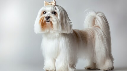 Elegant Dog with Bows in Fur Against Bright Background