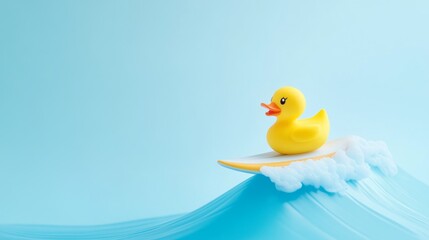 Yellow rubber duck surfing a small wave on blue background