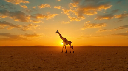 A giraffe stands majestically against a vibrant sunset in a serene landscape.