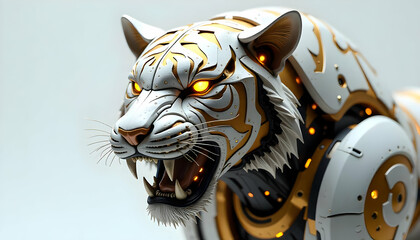 Intricate metallic robotic tiger head with glowing orange eyes and white gold accents © Arterego Studio