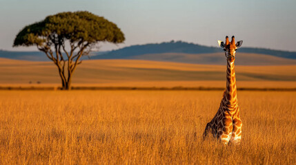 Fototapeta premium Giraffe standing in a golden grassland with a single tree under a clear sky.