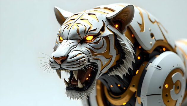 Intricate metallic robotic tiger head with glowing orange eyes and white gold accents