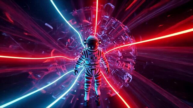 Astronaut in the fourth dimension. Neon surroundings and bright stripes. Interstellar. Sci-fi 3d animation
