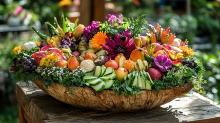 A colorful artisanal salad with hand-carved vegetables and vibrant edible flowers, displayed in a natural outdoor setting