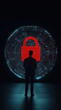 Businessman stands in front of digital security lock icon. Data protection concept visualized. Cybersecurity risk management strategy. Pro business person considers tech solutions. Modern approach to