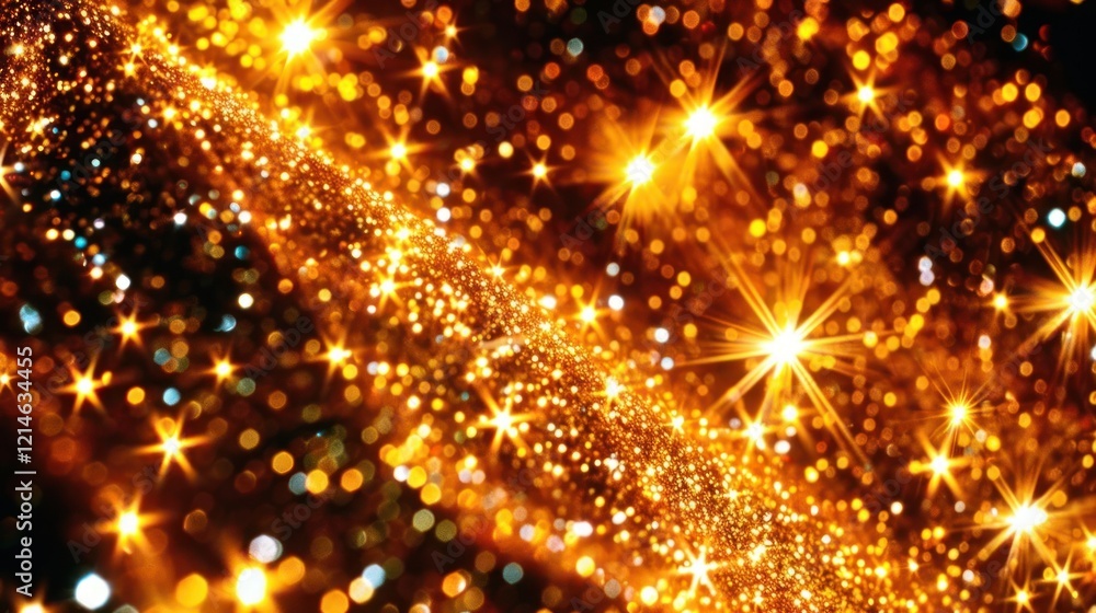 Poster Glimmering golden particles create a mesmerizing cosmic effect with blurred lights in the background
