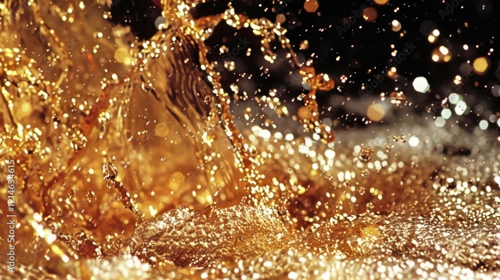 Poster golden liquid splashing dynamically against a dark backdrop, showcasing vibrant droplets and texture