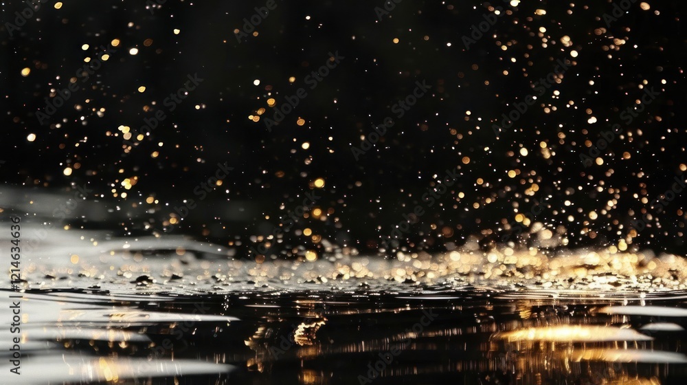 Aufkleber golden droplets splashing on a dark water surface, creating a mesmerizing shimmering effect