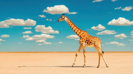 A giraffe walks across a sandy landscape under a bright blue sky filled with fluffy clouds.