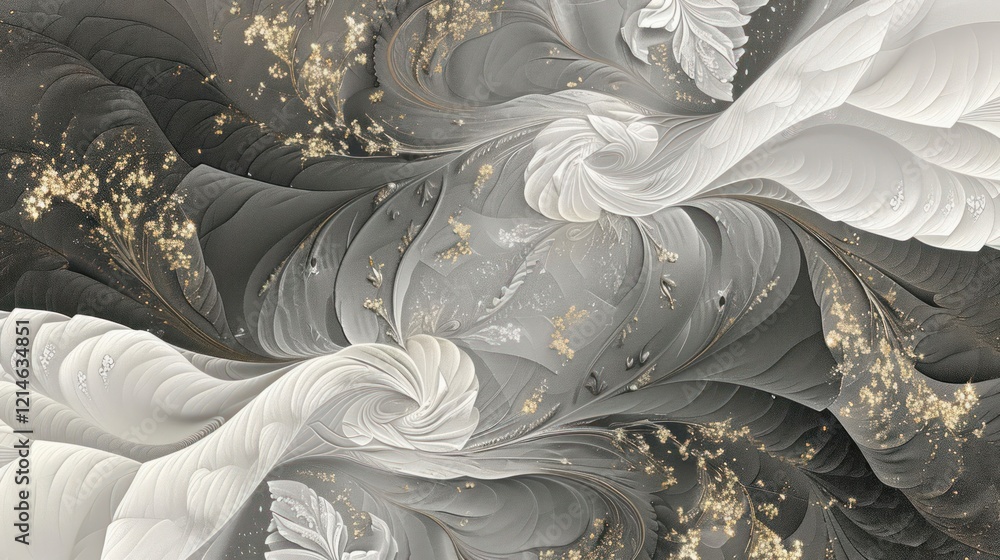 Poster abstract swirling patterns in shades of gray and white with golden accents, creating a dynamic visua