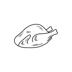 Vector line art drawing of cooked turkey, chicken in black isolated on white background. Hand drawn vector sketch illustration in doodle engraved vintage line art style. Thanksgiving day celebration
