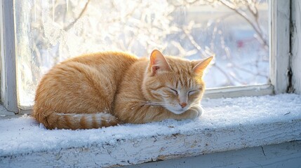 Fototapeta premium Cozy Barn Cat Basking in Midday Glow on Frosty Windowsill - Cinematic Rural Scene | Ultra-Detailed Image of Farm Life in January