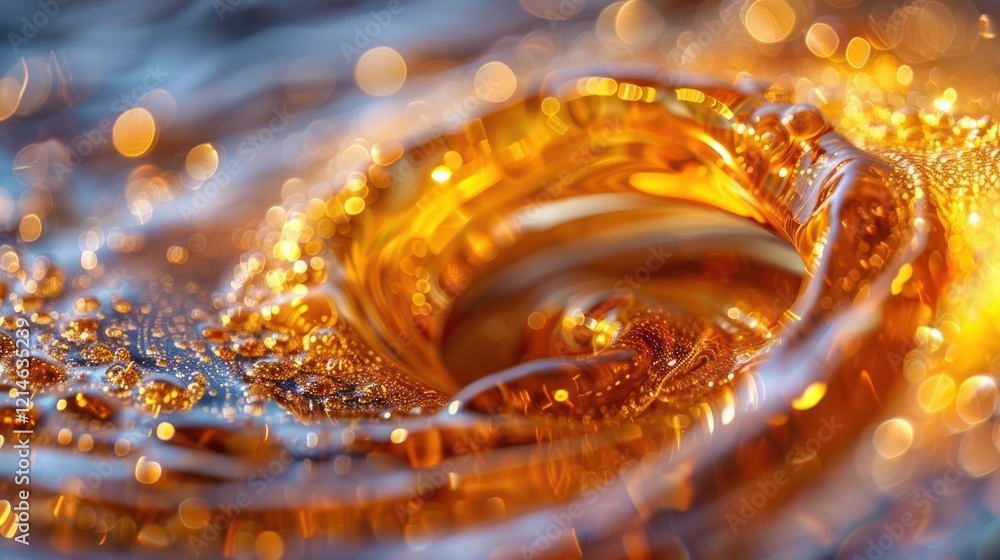 Aufkleber close-up view of swirling golden liquid with bubbles, creating a mesmerizing abstract effect