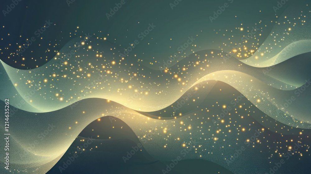 Poster abstract waves of light and sparkle creating a serene atmosphere with a gradient background