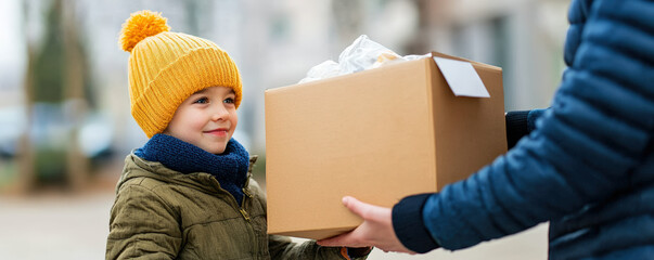 A cheerful child wearing a yellow hat holds a cardboard box, ready to receive a delivery on a bright, chilly day.