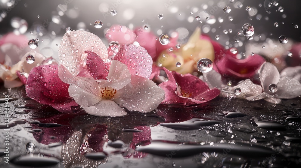 Poster scattering exploding petals through reflective droplets nature close-up serene environment artistic 