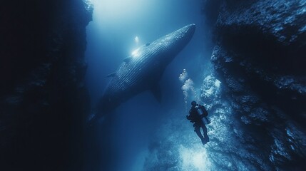 Obraz premium Underwater diver with a giant whale in the deep sea, captivating and awe-inspiring marine life scene, perfect for ocean exploration themes.