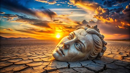 Ancient Gypsum Statue Head in Desolate Landscape - Eroded Desert Sunset