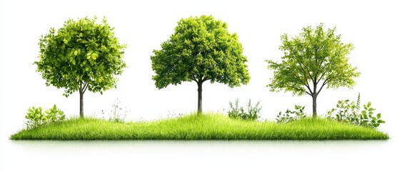 Obraz premium Three Lush Green Trees on Grassy Hill Isolated on White Background