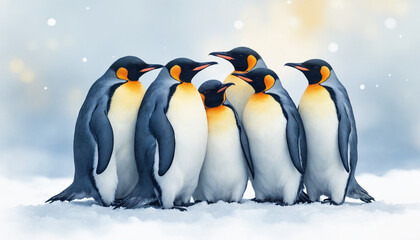 Obraz premium Emperor penguins standing together in a circle, showing camaraderie against a snowy background