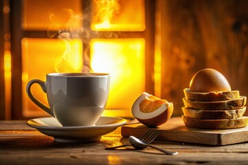 Obraz premium Silhouette of Healthy Breakfast: Soft Boiled Egg, Bread, Butter & Coffee