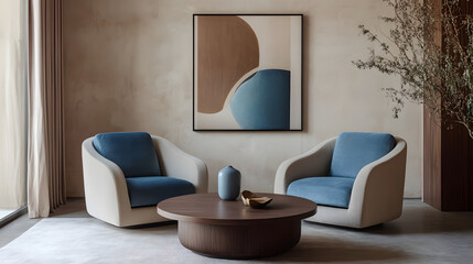 A modern, cozy space with elegant armchairs and a round coffee table, perfect for unwinding.