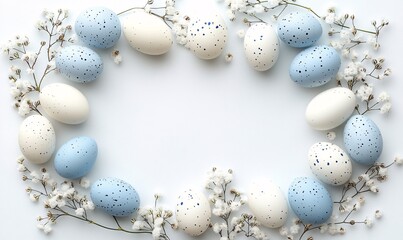 happy easter concept, eggs and flowers composition, top view flatlay 