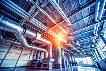 Obraz premium Silhouette of HVAC System Pipes and Air Ducts Against White Ceiling