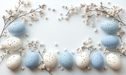 happy easter concept, eggs and flowers composition, top view flatlay 