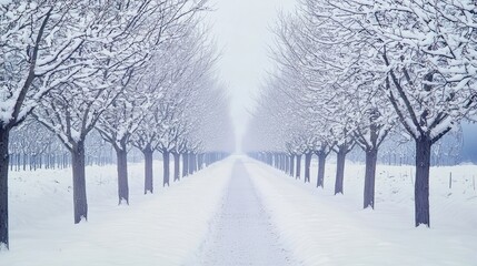 Ethereal Winter Wonderland: Symmetrical Rows of Leafless Trees Creating a Cinematic Orchard Pathway | Ultra-Detailed Image