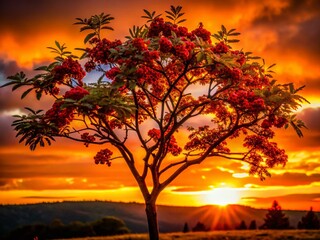 Silhouette of Koehne Mountain Ash Tree at Sunset, Dramatic Backlit Branches