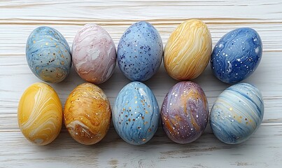happy easter concept, eggs and flowers composition, top view flatlay 