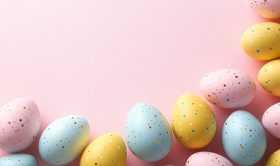 happy easter concept, eggs and flowers composition, top view flatlay 