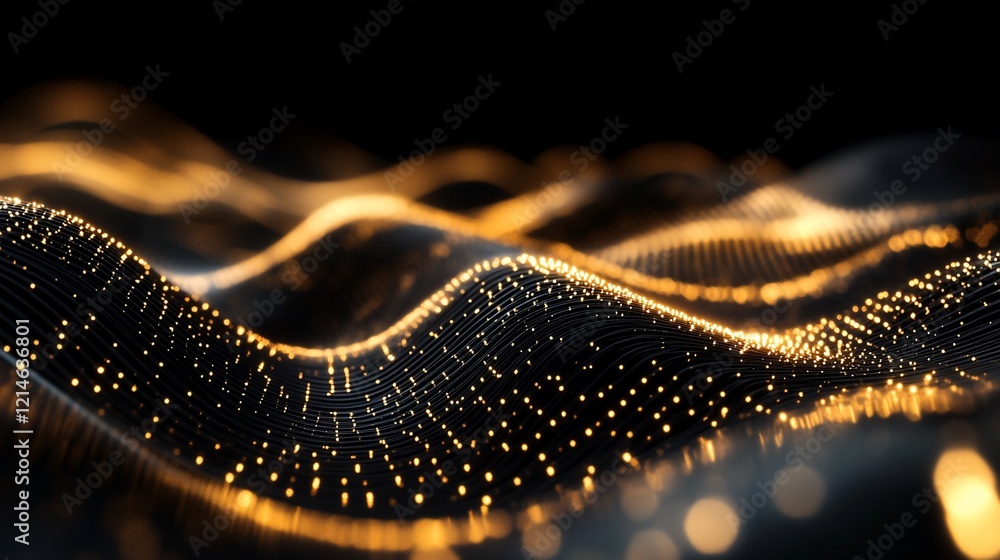 Poster abstract background with golden dots and wavy lines forming a digital terrain