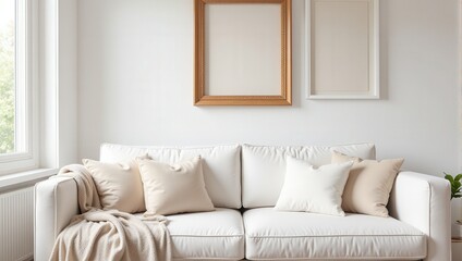 Elegant white couch with four plush pillows against a pristine backdrop. A soft beige blanket gracefully drapes over its back, inviting cozy comfort indoors