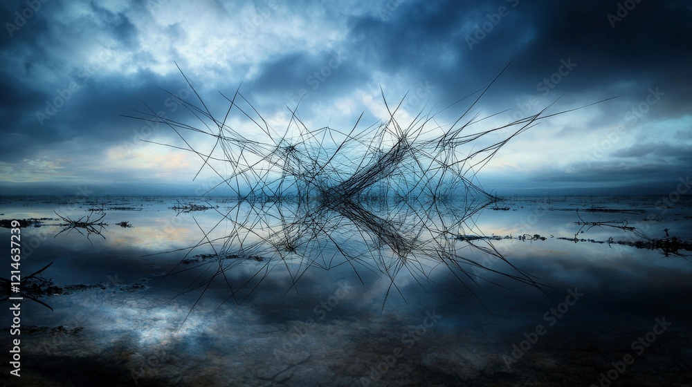 Poster serene dusk landscape fading parallel lines across a fragile surface in an artistic reflection of ca